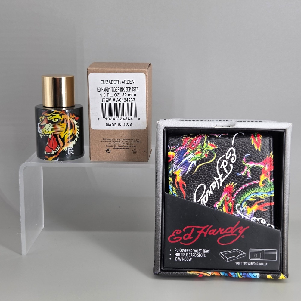 Ed Hardy Tiger Ink Fragrance Wallet Valet Tray Set Mens OS Dragon Tattoo Art Y2K